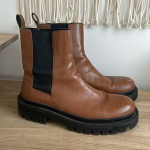 Zara Brown Leather Lug Sole Chunky Ankle Boot